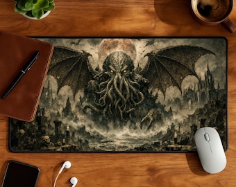 Ancient Cthulhu Horror Desk Mat Lovecraftian Art Eldritch Monster Dark Fantasy Ocean Ruins Mousepad XXL Gaming Setup Decor Mythic Deep Sea