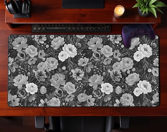 Podkładka pod mysz z motywem kwiatowym w odcieniach szarości, artystyczny kwiat botaniczny, prezent na Dzień Matki, estetyczny prezent do biura