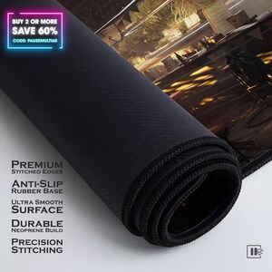 May include: Rolled-up black mousepad with stitched edges. The mousepad features a detailed image and the text "BUY 2 OR MORE SAVE 60% CODE: PAUSEMULT160". The mousepad has an anti-slip rubber base and a smooth surface.