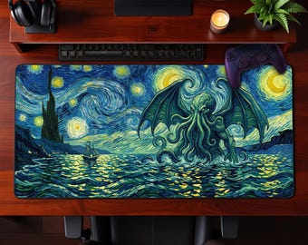 Cthulhu Starry Night Desk Mat – Van Gogh Style Cosmic Horror Workspace Decor