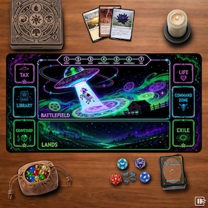 May include: A rectangular gaming playmat featuring a neon-style space and farm illustration with a UFO abducting a cow. The mat includes labeled zones for Tax, Library, Graveyard, Battlefield, Lands, Life, Command Zone, and Exile, plus turn phases.