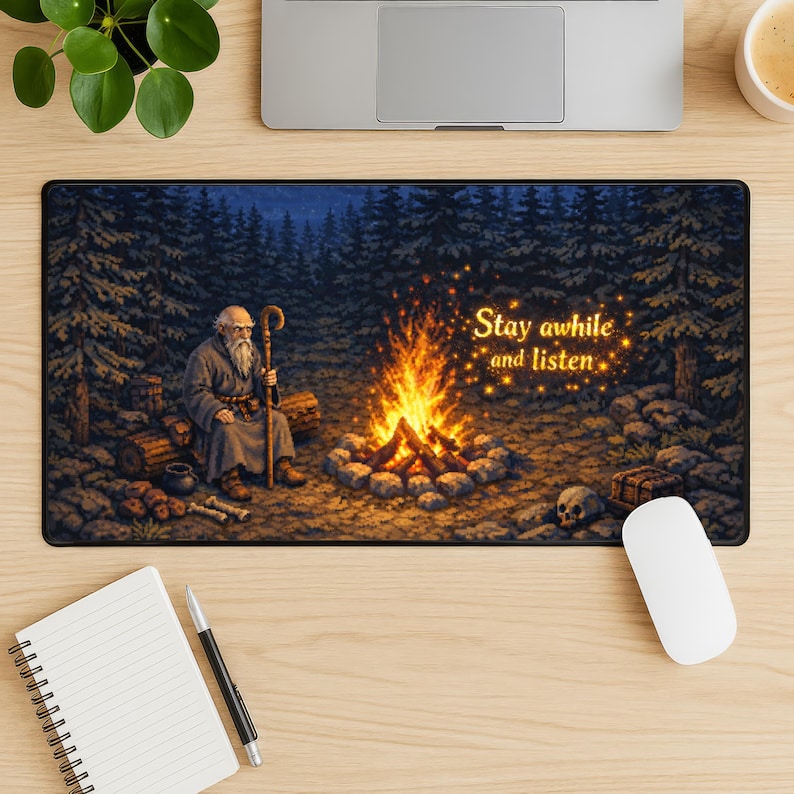 Puede incluir: Alfombrilla de rat&oacute;n rectangular con una ilustraci&oacute;n pixelada de un anciano con un bast&oacute;n junto a una fogata en un bosque. El texto "Stay awhile and listen" est&aacute; sobre el fuego. Una calavera y un cofre del tesoro est&aacute;n cerca del fuego.