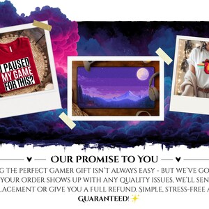 May include: A red t-shirt with the text "I PAUSED MY GAME FOR THIS?" is displayed in a polaroid-style frame. The image also features a gaming mousepad with a purple landscape and a white t-shirt with a graphic.