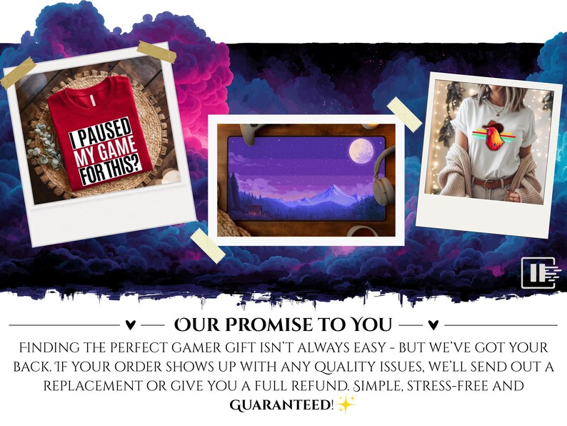May include: A red t-shirt with the text "I PAUSED MY GAME FOR THIS?" is displayed in a polaroid-style frame. The image also features a gaming mousepad with a purple landscape and a white t-shirt with a graphic.