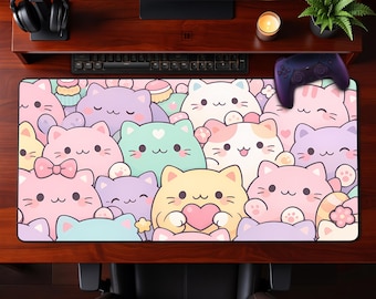 Alfombrilla de escritorio Kawaii con gatos pastel, pila de gatitos felices, alfombrilla de ratón, espacio de trabajo extendido para juegos y oficina, regalo