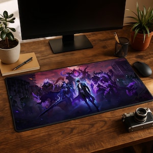 May include: A rectangular desk mat featuring a vibrant, dark fantasy illustration of a central figure in a black coat surrounded by several glowing purple, shadowy, horned warrior entities against a backdrop of a ruined city at twilight.