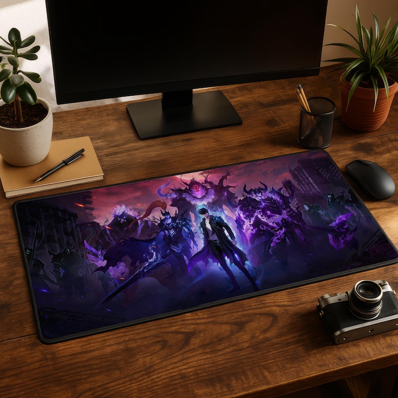 May include: A rectangular desk mat featuring a vibrant, dark fantasy illustration of a central figure in a black coat surrounded by several glowing purple, shadowy, horned warrior entities against a backdrop of a ruined city at twilight.