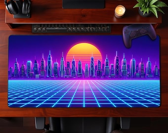 Alfombrilla de escritorio Retrowave Neon City Sunset, alfombrilla de ratón con cuadrícula, estilo años 80, cyberpunk, alfombrilla de ratón extendida, ideal para juegos y oficina.