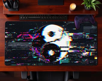 Alfombrilla de escritorio Yin Yang con efecto neón vibrante, alfombrilla de ratón para juegos estilo cyberpunk, alfombrilla de ratón extendida, regalo estético para el espacio de trabajo.