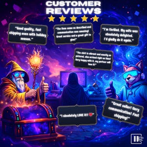 Puede incluir: Ilustraci&oacute;n de arte digital con un tema c&oacute;smico. La imagen presenta un mago, una figura encapuchada y un personaje parecido a un zorro, cada uno con un gesto de pulgar hacia arriba. Las burbujas de texto muestran rese&ntilde;as de clientes, con frases como "Buena calidad" y "Gran servicio."