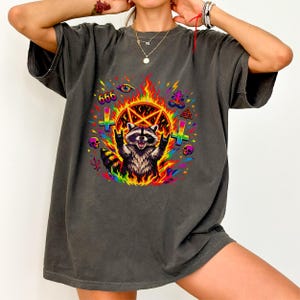 Rock Raccoon Pentagram Design, Heavy Metal 666 Raccoon, Satanic Raccoon with Flames, Goth Skull Eye Symbol Art, Vibrant Rainbow Occult