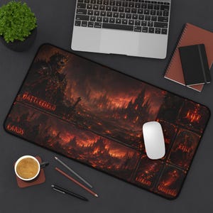 Gaming mousepad with "Battlefield Lands," "Exile," and "Graveyard" text.