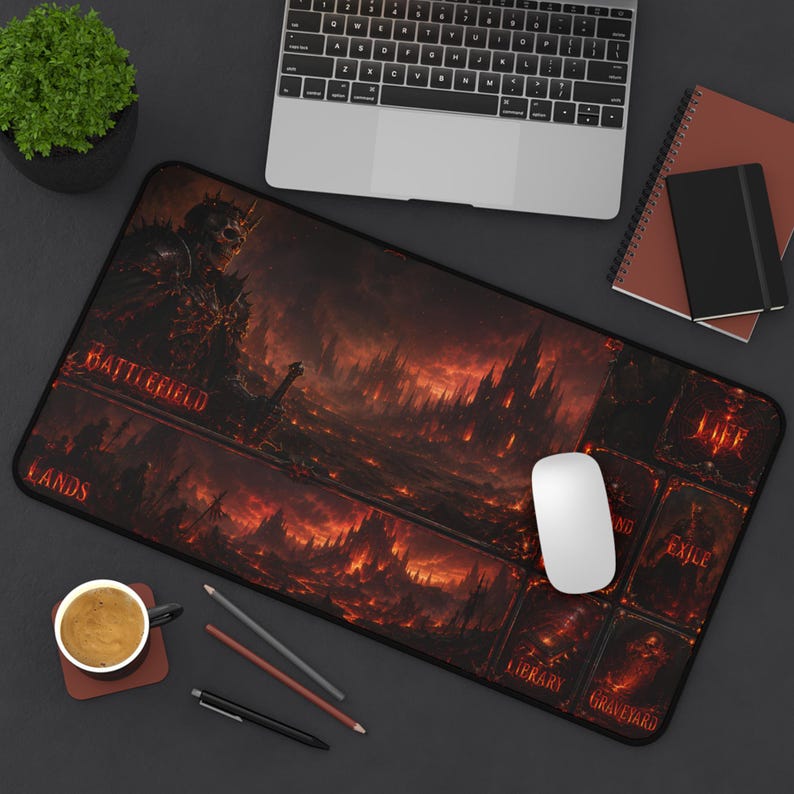 Gaming mousepad with "Battlefield Lands," "Exile," and "Graveyard" text.