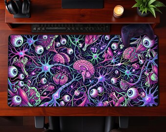 Podkładka pod mysz Neon Brain Eyeball Neuronal Network Desk Mat Psychodeliczna Anatomia Sci-Fi Rozszerzona podkładka pod mysz Gamer Office Workspace Gift