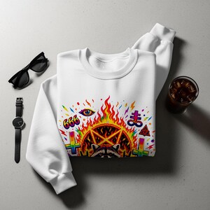 Raccoon Baphomet Pentagram Design, Colorful Occult Art, 666 All Seeing Eye, Leviathan Cross, Vibrant Satanic Flame, Edgy Aesthetic

Raccoon
