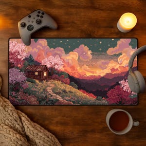 May include: A pixel art mousepad featuring a cabin on a hill with a path leading to it, surrounded by pink and purple trees and flowers. A gray game controller, headphones, a candle, and a mug of tea are on a wooden surface.
