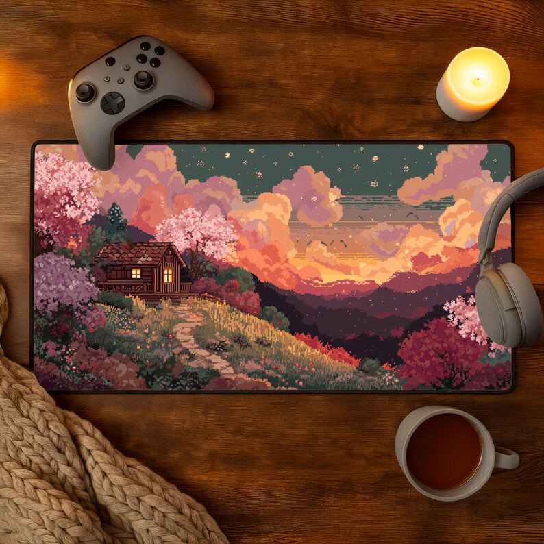 May include: A pixel art mousepad featuring a cabin on a hill with a path leading to it, surrounded by pink and purple trees and flowers. A gray game controller, headphones, a candle, and a mug of tea are on a wooden surface.