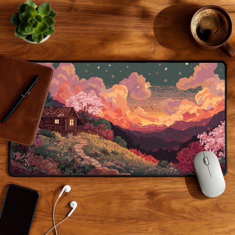 May include: A pixel art mousepad featuring a sunset landscape with a cabin, trees, and a path. The color palette includes pink, orange, and purple hues. A white mouse, a phone, and a cup of coffee are on a wooden surface.