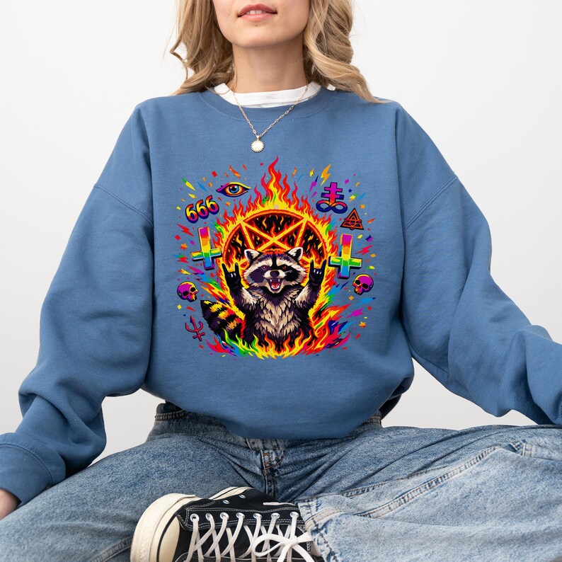 Raccoon Pentagram Design, Satanic Goth Core Art, Trash Panda Occult Print, Rainbow Flame Devil Raccoon, Funny Edgy Witchy Aesthetic, 666