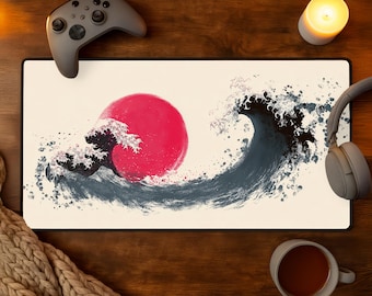 Alfombrilla de escritorio Gran Ola de Japón, Alfombrilla de ratón grande del Océano Japonés, Alfombrilla de escritorio para juegos XXL, Arte del Sol Naciente Zen, Regalo para jugadores, Videojuegos