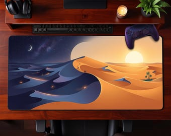 Celestial Desert Journey Desk Mat Vectorized Day and Night Gradient Sand Dune Landscape Office Workspace Gaming Mousepad