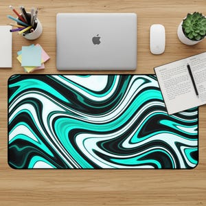 Turquoise Black White Liquid Swirl Abstract Desk Mat Mouse Pad Modern Marble Fluid Art Desk Decor Gaming Setup Gamer Aesthetic Wide Mousepad