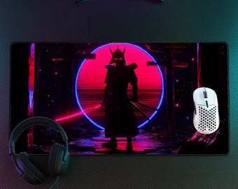 Tappetino da scrivania Neon Samurai / Tappetino per mouse da gioco Cyberpunk Warrior XXL, tappetino da scrivania esteso