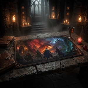 Könnte beinhalten: Eine rechteckige Spielmatte mit einer detaillierten Fantasy-Illustration von vier Abenteurern, die einem großen roten Drachen in einer dunklen Höhle gegenüberstehen. Das Bild zeigt einen Steinbogen, glühende Asche und magisches blaues Licht.