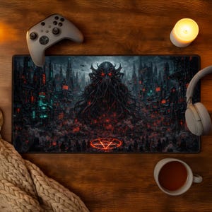 May include: A black rectangular mousepad with a detailed illustration of a dark city and a monstrous figure. A gray game controller, headphones, and a cup of tea are on a wooden surface. The image has a horror theme.