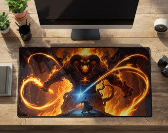 Balrog of Moria vs Gandalf The Grey Desk Mat Lord of the Rings Gaming Mousepad Epic Khazad Dum Fight Fantasy Artwork