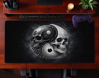 Cracked Skulls Yin Yang Desk Mat Artistic Gothic Gaming Mouse Pad Extended Office Workspace Decor Gift for Him Her