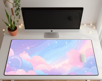 May include: A large rectangular mouse pad featuring a dreamy pastel sky design. The pad showcases soft pink, blue, and purple clouds with sparkling stars. A white computer mouse rests on the pad, which has a black border.