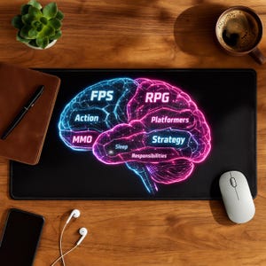 Könnte beinhalten: Schwarzes rechteckiges Mauspad mit einer Neon-Gehirn-Grafik, unterteilt in FPS- und RPG-Bereiche. Die Gehirnillustration enthält die Wörter "Action", "MMO", "Platformers" und "Strategy". Eine weiße Maus und andere Gegenstände liegen auf einer Holzoberfläche.
