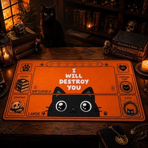 May include: An orange rectangular playmat featuring a black cat illustration and the text I WILL DESTROY YOU. The mat includes labeled sections for Battlefield, Lands, Library, Graveyard, Life, Command Zone, and Exile, with numbered phase indicators.