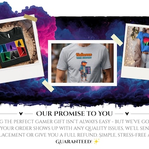 May include: The image features three framed photos of t-shirts. One is black with colorful silhouettes and lightsabers. Another is gray with a Halloween-themed graphic. The third is blue with a sunset design. The background is a dark, cloudy design.