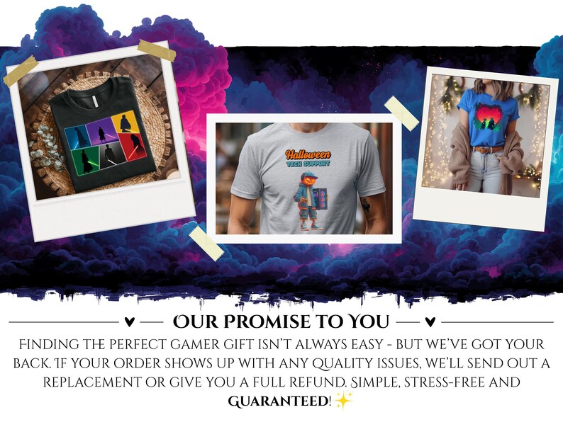 May include: The image features three framed photos of t-shirts. One is black with colorful silhouettes and lightsabers. Another is gray with a Halloween-themed graphic. The third is blue with a sunset design. The background is a dark, cloudy design.