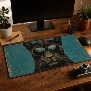 May include: A rectangular desk mat featuring a black panther illustration wearing aviator sunglasses against a distressed teal background. The panther is depicted with detailed whiskers and fur texture, centered on the mat with a black border.