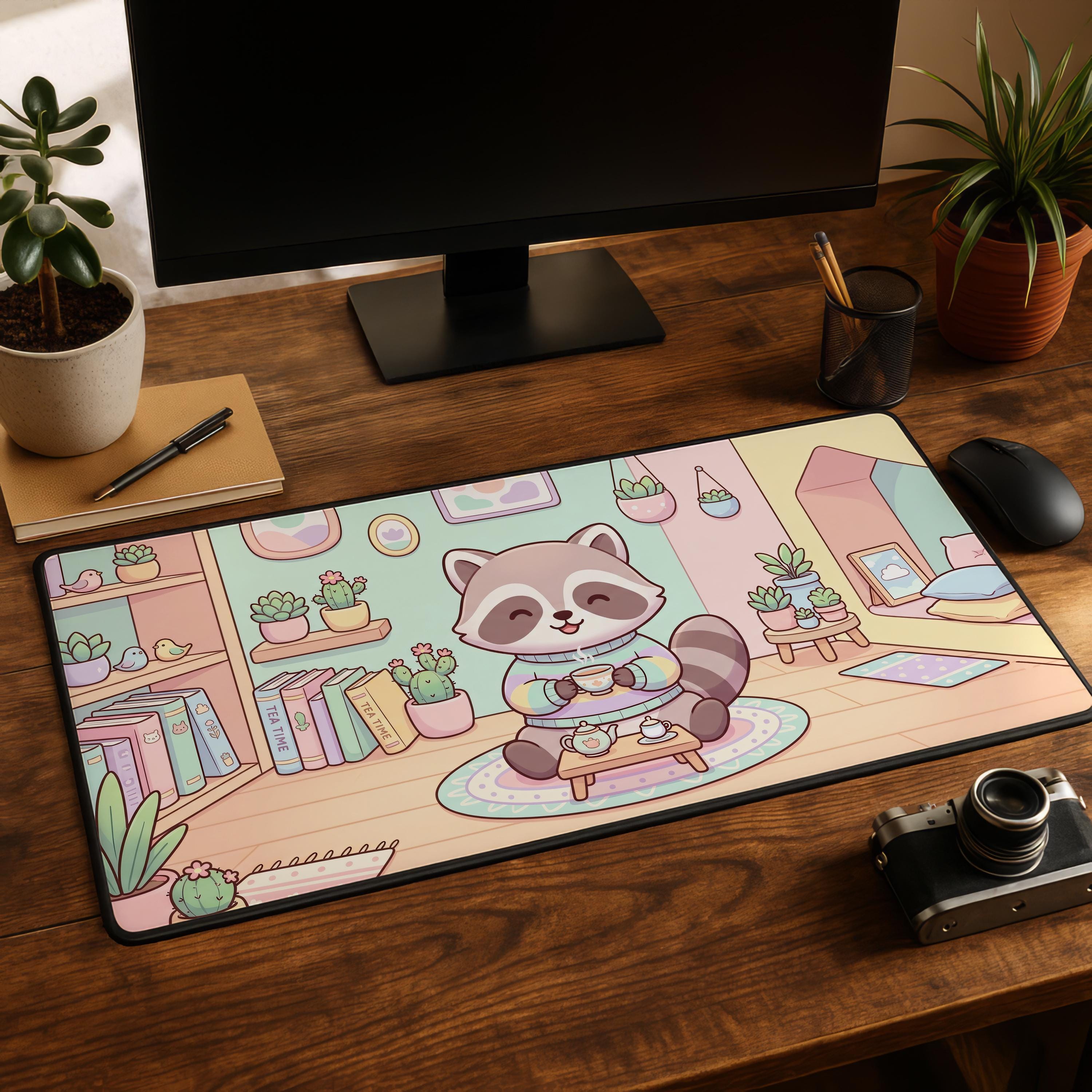 Cute Raccoon Tea Time Desk Mat Kawaii Trash Panda Cozy Gaming Mouse Pad ...