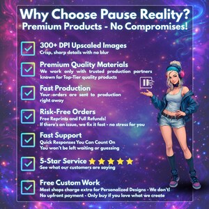 May include: A promotional graphic with the text "Why Choose Pause Reality?" and a list of benefits, including high-quality images and fast production. A cartoon woman is featured on the right side of the image.