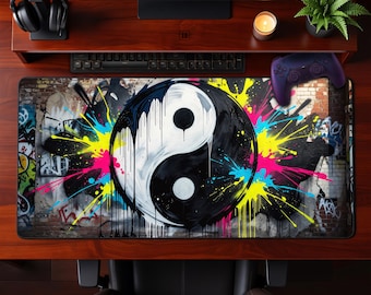 Street Graffiti Yin Yang Desk Mat Neon Splatter Paint Urban Art Mouse Pad Extended Gaming Office Workspace Gift