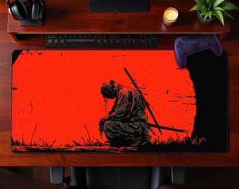 Bushido Warrior Samurai Red Black Desk Mat Gaming Office Mouse Pad Aesthetic Extended Mousepad Gift for Gamers Workspace