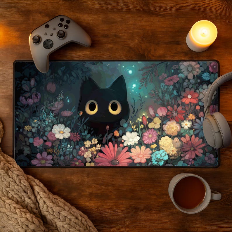 Puede incluir: Alfombrilla de rat&oacute;n rectangular con un dise&ntilde;o de gato negro rodeado de flores coloridas. Un mando de juego gris, auriculares, una taza de t&eacute; y una vela encendida tambi&eacute;n son visibles. El dise&ntilde;o de la alfombrilla muestra un jard&iacute;n floral.