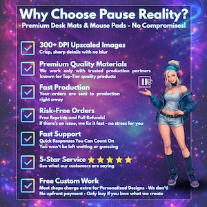 May include: An informational graphic titled Why Choose Pause Reality? featuring a list of benefits for desk mats and mouse pads. The text includes 300+ DPI Upscaled Images, Premium Quality Materials, Fast Production, Risk-Free Orders, Fast Support, 5-Star Service, and Free Custom Work. A cartoon character with headphones stands on the right against a purple and blue nebula background.