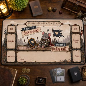 Puede incluir: Un tapete de juego rectangular con una ilustración central de un ratón triste con armadura medieval. El tapete incluye zonas designadas etiquetadas como Tax, Library, Graveyard, Lands, Life, Command Zone y Exile, con el texto I didn't even fuck around.. Why am I finding out?!