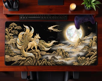 Podkładka pod mysz Kitsune na biurko, złoty, dziewięcioogoniasty lis, niebiański księżyc, elegancka, fantastyczna dekoracja do miejsca pracy, prezent, rozszerzona podkładka pod mysz