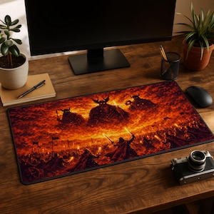 May include: A large rectangular mouse pad featuring a fiery battle scene with horned figures and warriors. The artwork is predominantly red and orange, with black accents. The mouse pad is on a wooden desk.