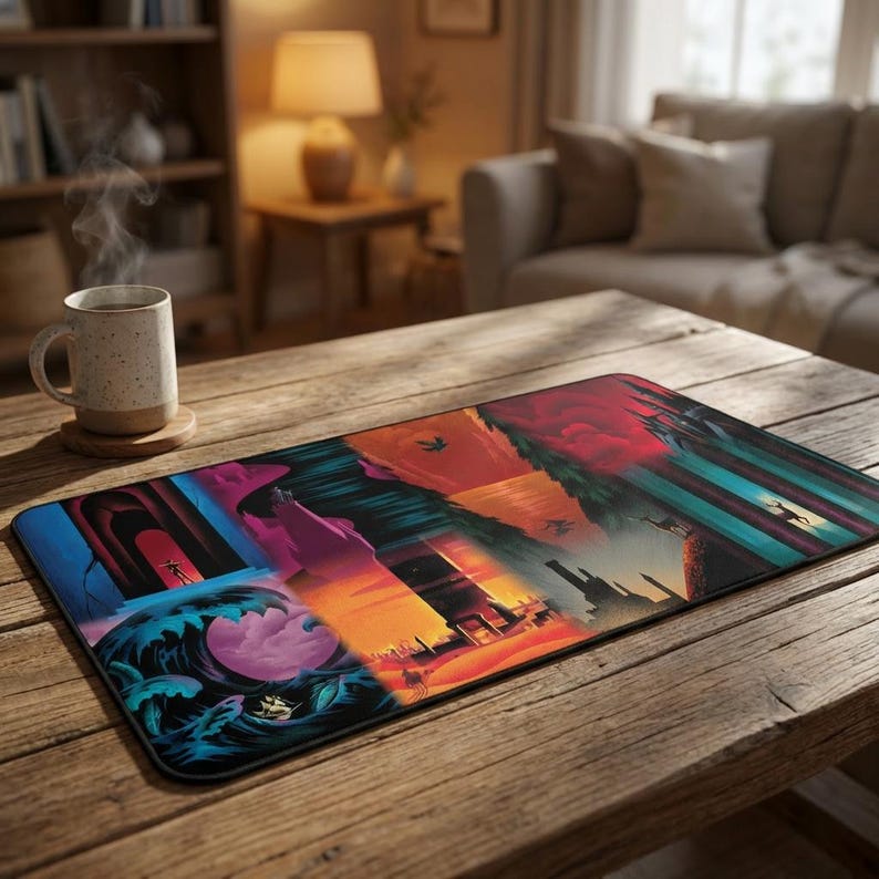 May include: A rectangular mouse mat with a colourful, surreal landscape design. The artwork depicts waves, figures, and architectural elements in blue, purple, orange, and red. The mouse mat is placed on a wooden table.