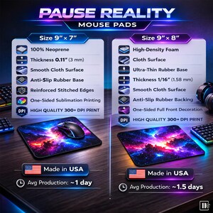 Two mouse pads side-by-side with galaxy designs, detailing features and sizes.