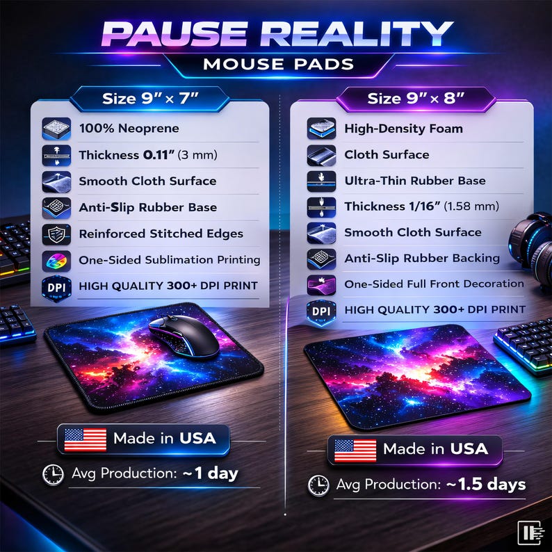 Two mouse pads side-by-side with galaxy designs, detailing features and sizes.