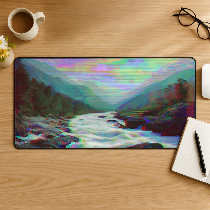 Peut inclure: Tapis de souris rectangulaire avec un paysage d'art num&eacute;rique repr&eacute;sentant une rivi&egrave;re traversant une vall&eacute;e. L'&oelig;uvre d'art pr&eacute;sente un effet de glitch avec des couleurs vives, notamment le vert, le bleu et le violet. Le tapis de souris est sur un bureau en bois.